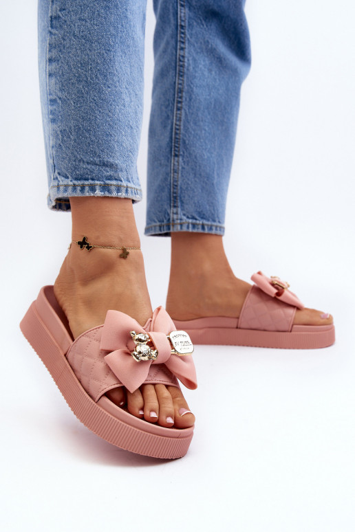 Women's Flip-Flops With a Bow and a Teddy Bear, Pink Katterina