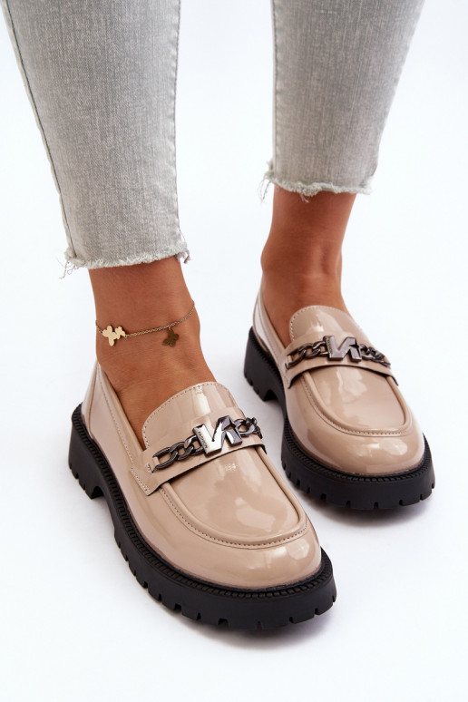 Women's Patent Leather Loafers with Flat Heel Beige Ezoma