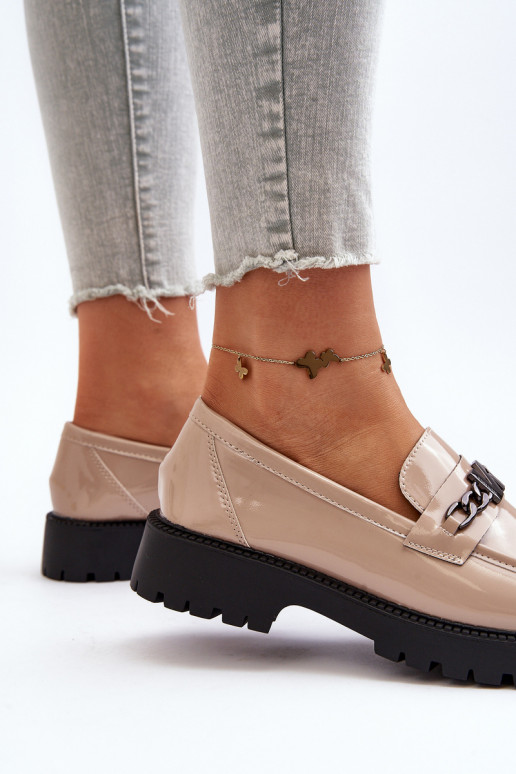 Women's Patent Leather Loafers with Flat Heel Beige Ezoma