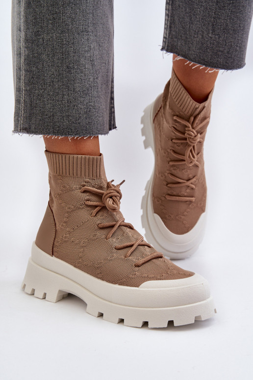 Women's Sock-Like Slip-On Boots Brown Solime Women's Sock-Like Slip-On Boots Brown Solime