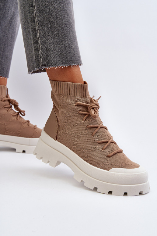 Women's Sock-Like Slip-On Boots Brown Solime Women's Sock-Like Slip-On Boots Brown Solime