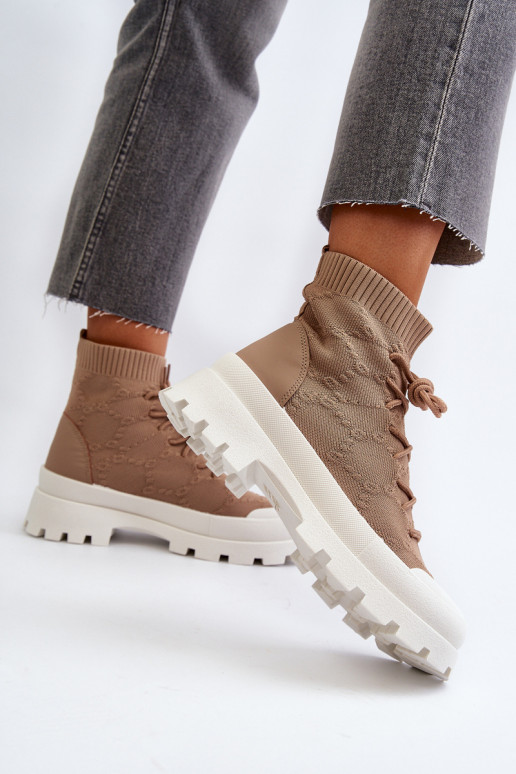 Women's Sock-Like Slip-On Boots Brown Solime Women's Sock-Like Slip-On Boots Brown Solime