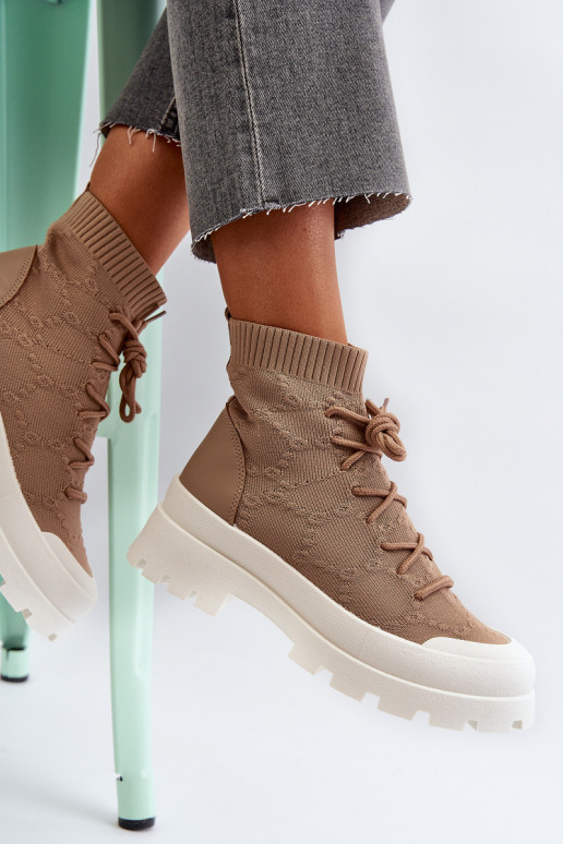 Women's Sock-Like Slip-On Boots Brown Solime Women's Sock-Like Slip-On Boots Brown Solime