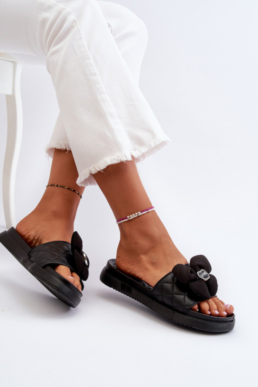 Women's Slides with Ornament on Low Platform Black Cedrella Women's Slides with Ornament on Low Platform Black Cedrella