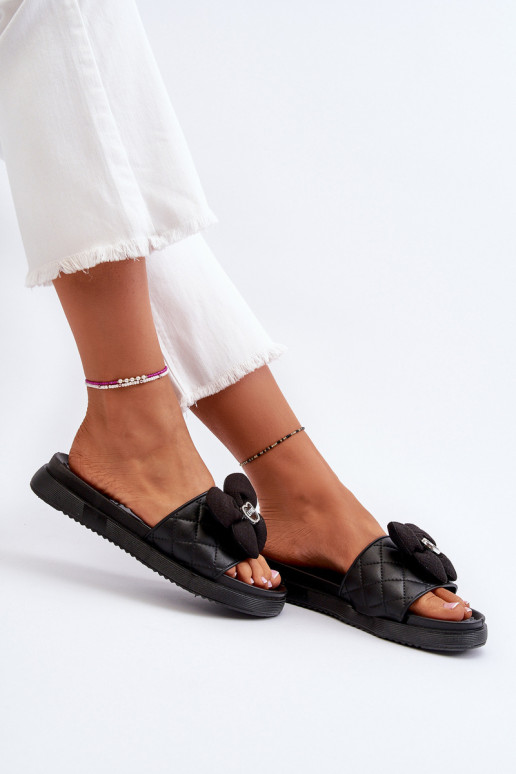 Women's Slides with Ornament on Low Platform Black Cedrella Women's Slides with Ornament on Low Platform Black Cedrella