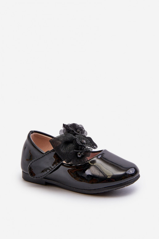 Black Glossy Children's Ballerina Flats With Velcro Strap And Bow Olessa Black Glossy Children's Ballerina Flats With Velcro Strap And Bow Olessa