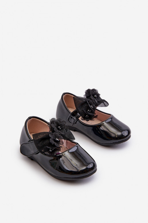 Black Glossy Children's Ballerina Flats With Velcro Strap And Bow Olessa Black Glossy Children's Ballerina Flats With Velcro Strap And Bow Olessa