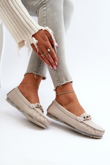 Women's Leather Moccasins with Beige Decoration S.Barski LR339 2