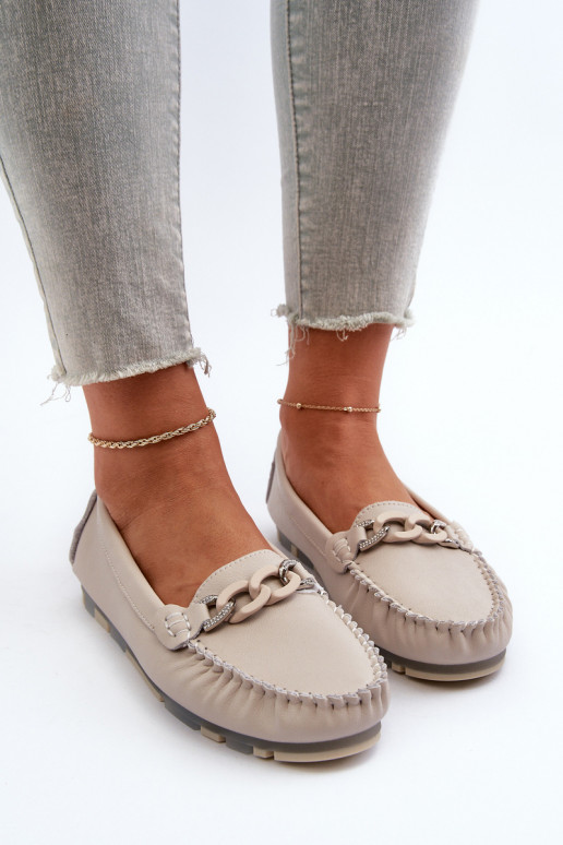 Women's Leather Moccasins with Beige Decoration S.Barski LR339
