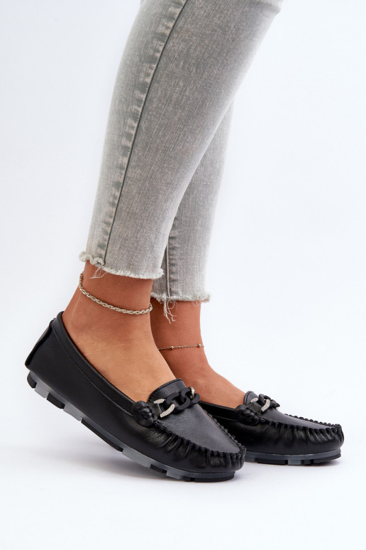 Women's Black Leather Moccasins with Ornament S.Barski LR339 Women's Black Leather Moccasins with Ornament S.Barski LR339