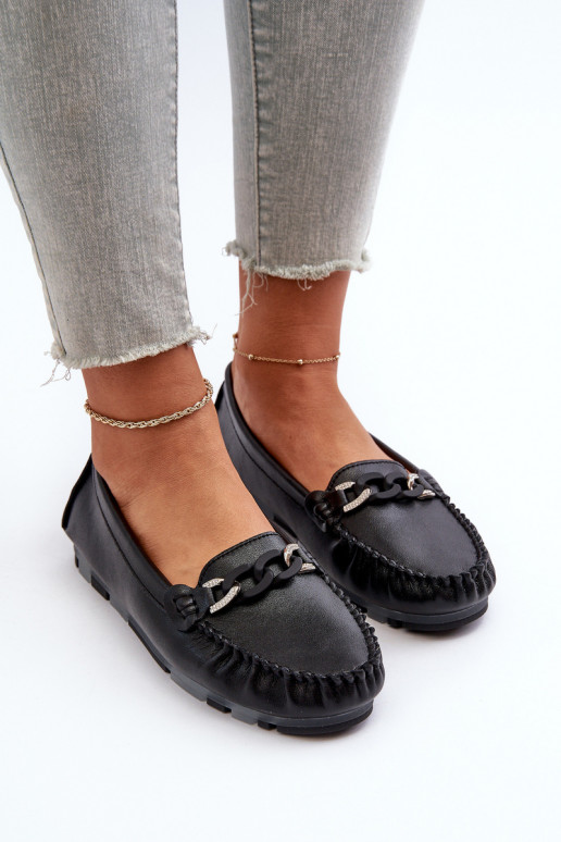 Women's Black Leather Moccasins with Ornament S.Barski LR339 Women's Black Leather Moccasins with Ornament S.Barski LR339