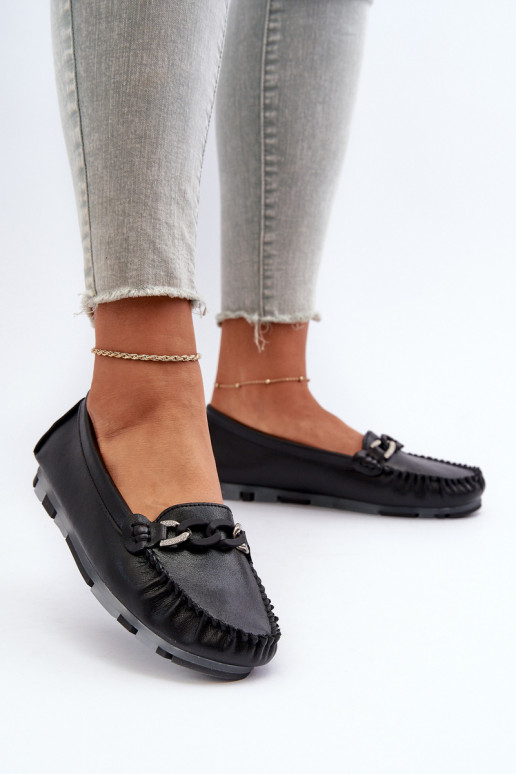 Women's Black Leather Moccasins with Ornament S.Barski LR339 Women's Black Leather Moccasins with Ornament S.Barski LR339