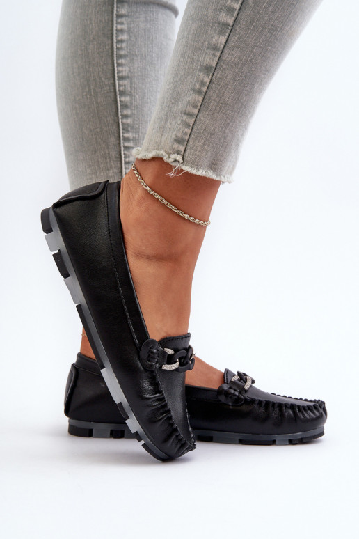 Women's Black Leather Moccasins with Ornament S.Barski LR339 Women's Black Leather Moccasins with Ornament S.Barski LR339