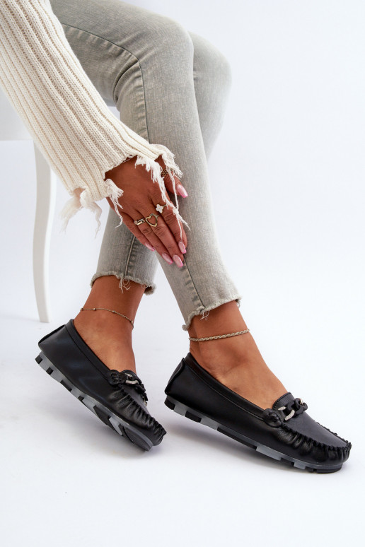 Women's Black Leather Moccasins with Ornament S.Barski LR339 Women's Black Leather Moccasins with Ornament S.Barski LR339