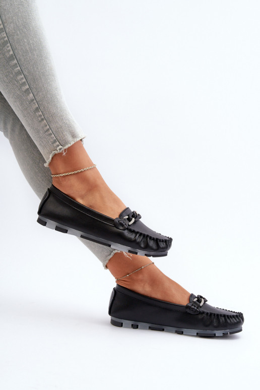 Women's Black Leather Moccasins with Ornament S.Barski LR339 Women's Black Leather Moccasins with Ornament S.Barski LR339