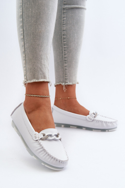 White Women's Leather Moccasins With Decoration S.Barski LR339 White Women's Leather Moccasins With Decoration S.Barski LR339