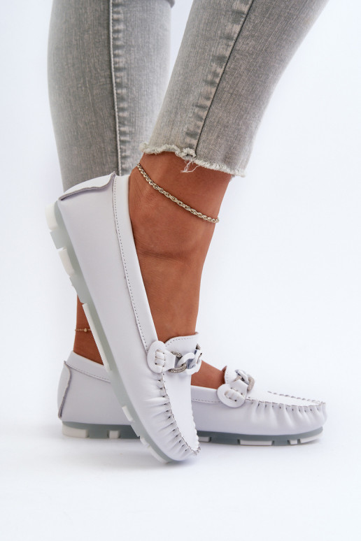 White Women's Leather Moccasins With Decoration S.Barski LR339 White Women's Leather Moccasins With Decoration S.Barski LR339