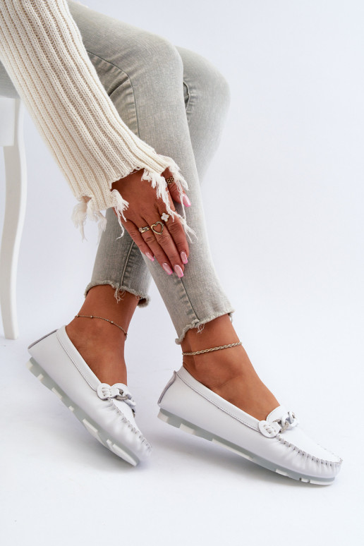 White Women's Leather Moccasins With Decoration S.Barski LR339 White Women's Leather Moccasins With Decoration S.Barski LR339