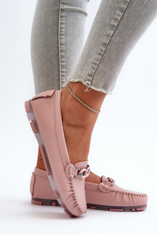 Women's Leather Moccasins with Pink Ornament S.Barski LR339