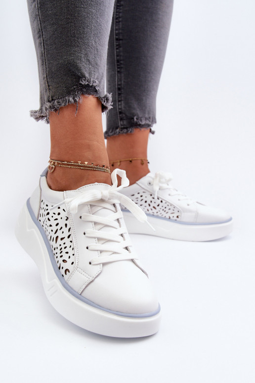 White Leather Women's Platform Sneakers Peilaeno