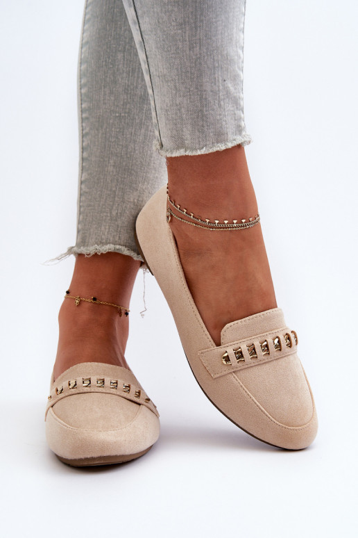 Shiny Women's Loafers with Chain Beige Aredilla Shiny Women's Loafers with Chain Beige Aredilla