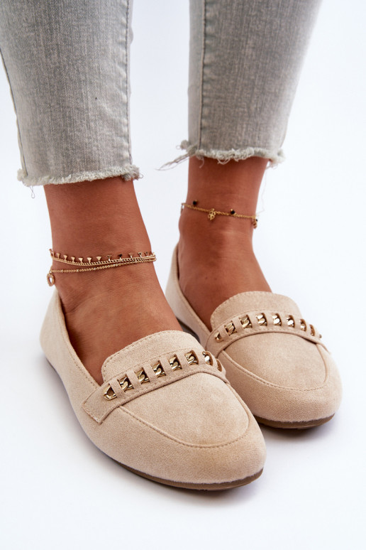 Shiny Women's Loafers with Chain Beige Aredilla Shiny Women's Loafers with Chain Beige Aredilla