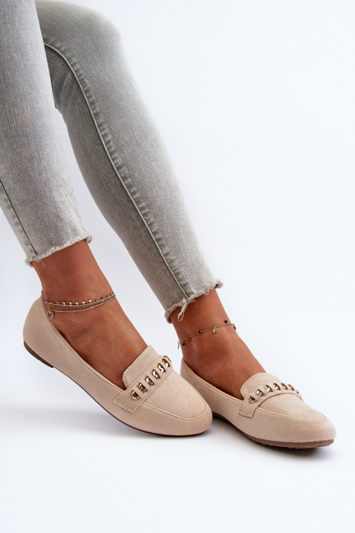 Shiny Women's Loafers with Chain Beige Aredilla Shiny Women's Loafers with Chain Beige Aredilla