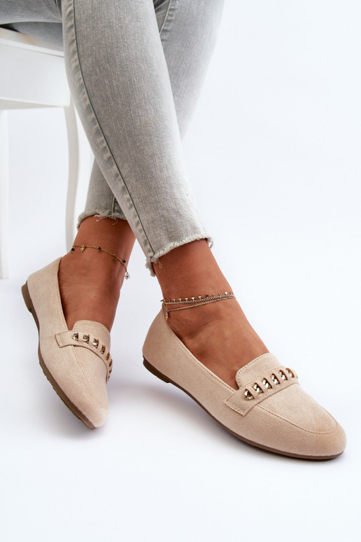 Shiny Women's Loafers with Chain Beige Aredilla Shiny Women's Loafers with Chain Beige Aredilla