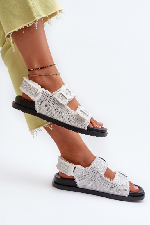 Women's White Embellished Denim Sandals Irmale Women's White Embellished Denim Sandals Irmale