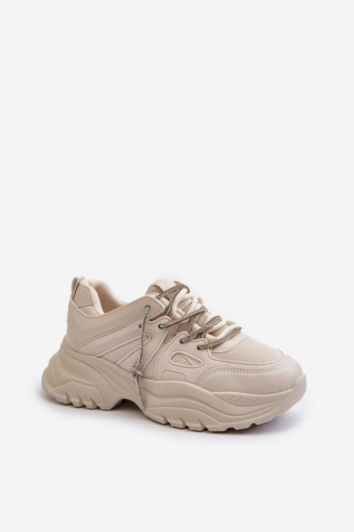 Sneakersy Damskie Na Masywnej Podeszwie Z Ozdobnym Sznurowaniem Beżowe Relissa