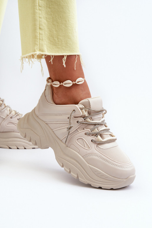 Sneakersy Damskie Na Masywnej Podeszwie Z Ozdobnym Sznurowaniem Beżowe Relissa