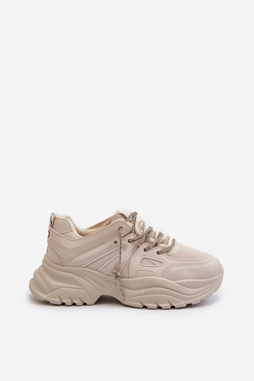 Sneakersy Damskie Na Masywnej Podeszwie Z Ozdobnym Sznurowaniem Beżowe Relissa