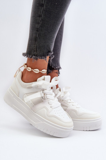 Women's Platform Sneakers Made of White Synthetic Leather Moun 2