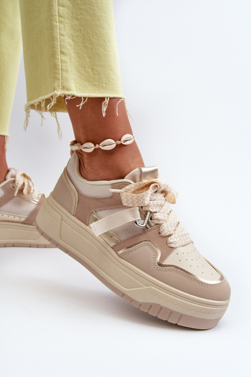 Sneakersy Damskie Na Platformie Z Eko Skóry Beżowe Moun
