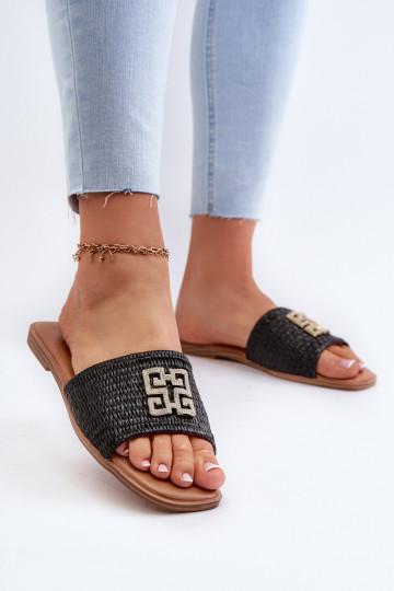 Flat Women's Sandals with Weave and Decoration Black Omenna 2