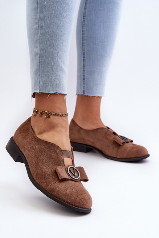 Women's Shoes Made of Eco Suede on a Low Heel With a Decoration, Brown Hadiena Women's Shoes Made of Eco Suede on a Low Heel With a Decoration, Brown Hadiena