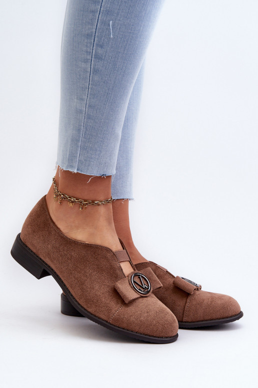 Women's Shoes Made of Eco Suede on a Low Heel With a Decoration, Brown Hadiena Women's Shoes Made of Eco Suede on a Low Heel With a Decoration, Brown Hadiena