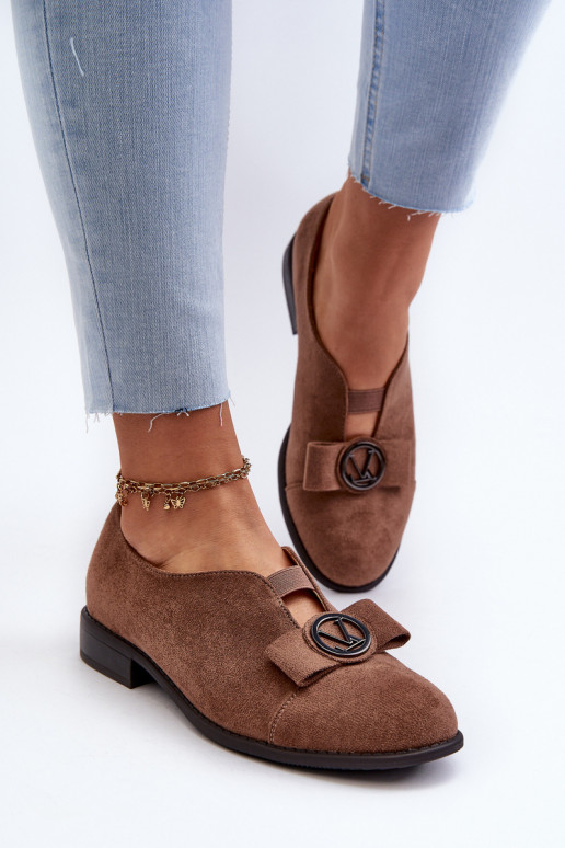Women's Shoes Made of Eco Suede on a Low Heel With a Decoration, Brown Hadiena Women's Shoes Made of Eco Suede on a Low Heel With a Decoration, Brown Hadiena