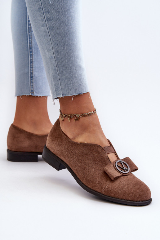 Women's Shoes Made of Eco Suede on a Low Heel With a Decoration, Brown Hadiena Women's Shoes Made of Eco Suede on a Low Heel With a Decoration, Brown Hadiena