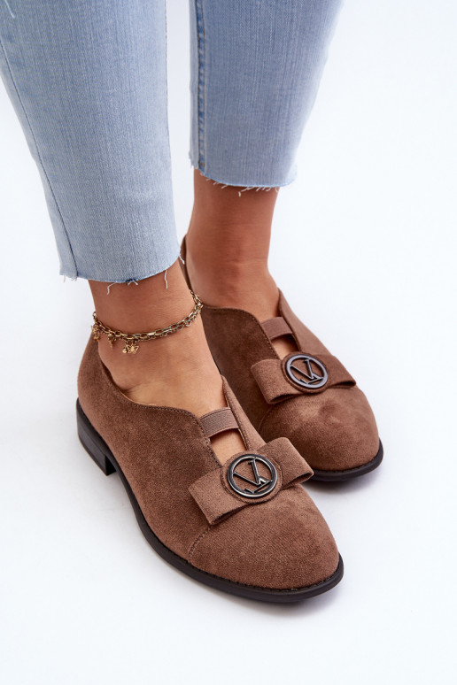 Women's Shoes Made of Eco Suede on a Low Heel With a Decoration, Brown Hadiena Women's Shoes Made of Eco Suede on a Low Heel With a Decoration, Brown Hadiena