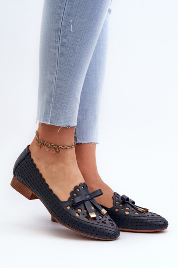 Women's Navy Blue Cutout Ballerina Flats with Bow Nestavia 2