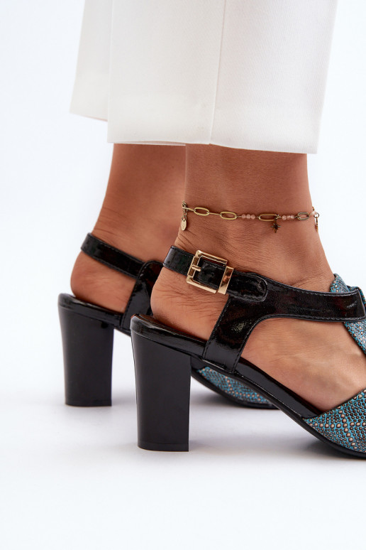 Sandały Damskie Na Słupku Z Eko Skóry Turkusowe Queenmarie