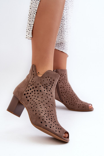 Women's Openwork Eco Suede Boots On High Heel With Open Toes Brown Halania 2