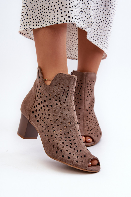 Women's Openwork Eco Suede Boots On High Heel With Open Toes Brown Halania