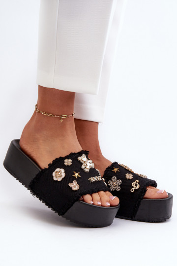Klapki Damskie Na Platformie Z Przypinkami Czarne Zranesia 2