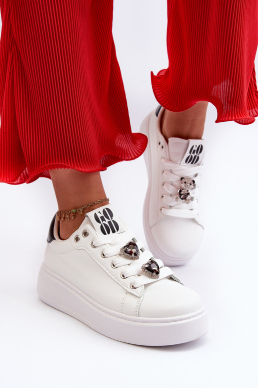 Women's Platform Sneakers With Heart Pins, White Azamia Women's Platform Sneakers With Heart Pins, White Azamia