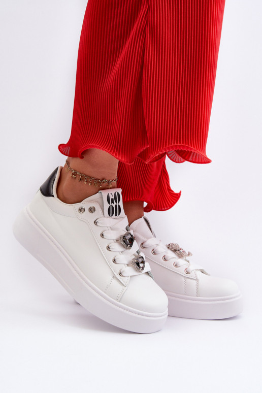 Women's Platform Sneakers With Heart Pins, White Azamia