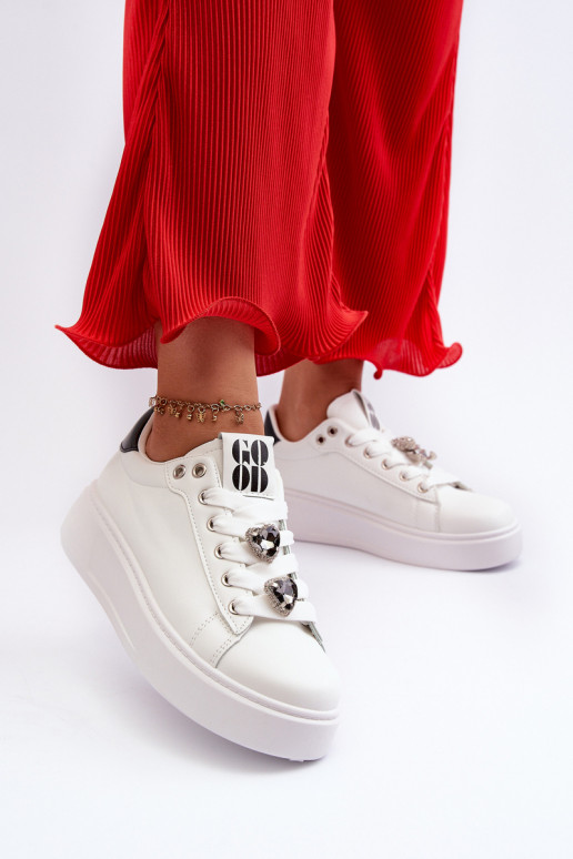 Women's Platform Sneakers With Heart Pins, White Azamia Women's Platform Sneakers With Heart Pins, White Azamia
