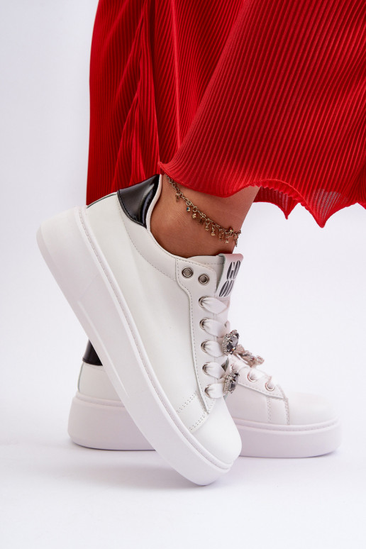 Women's Platform Sneakers With Heart Pins, White Azamia