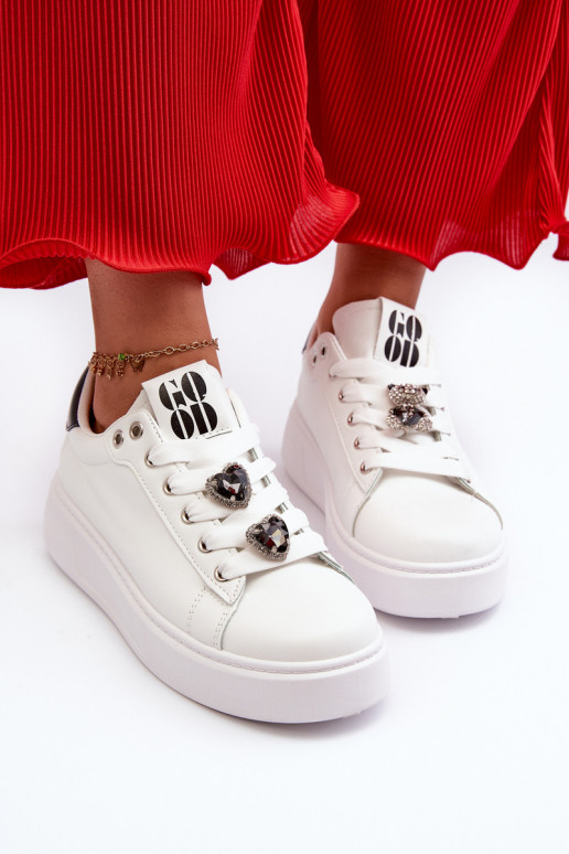 Women's Platform Sneakers With Heart Pins, White Azamia